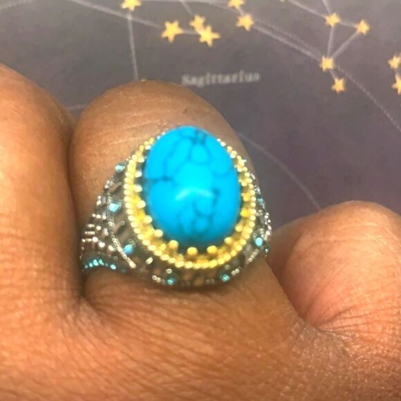 Vintage Unisex Electroplated Two-tone Inlaid Turquoise Ring - Picture 7 of 8